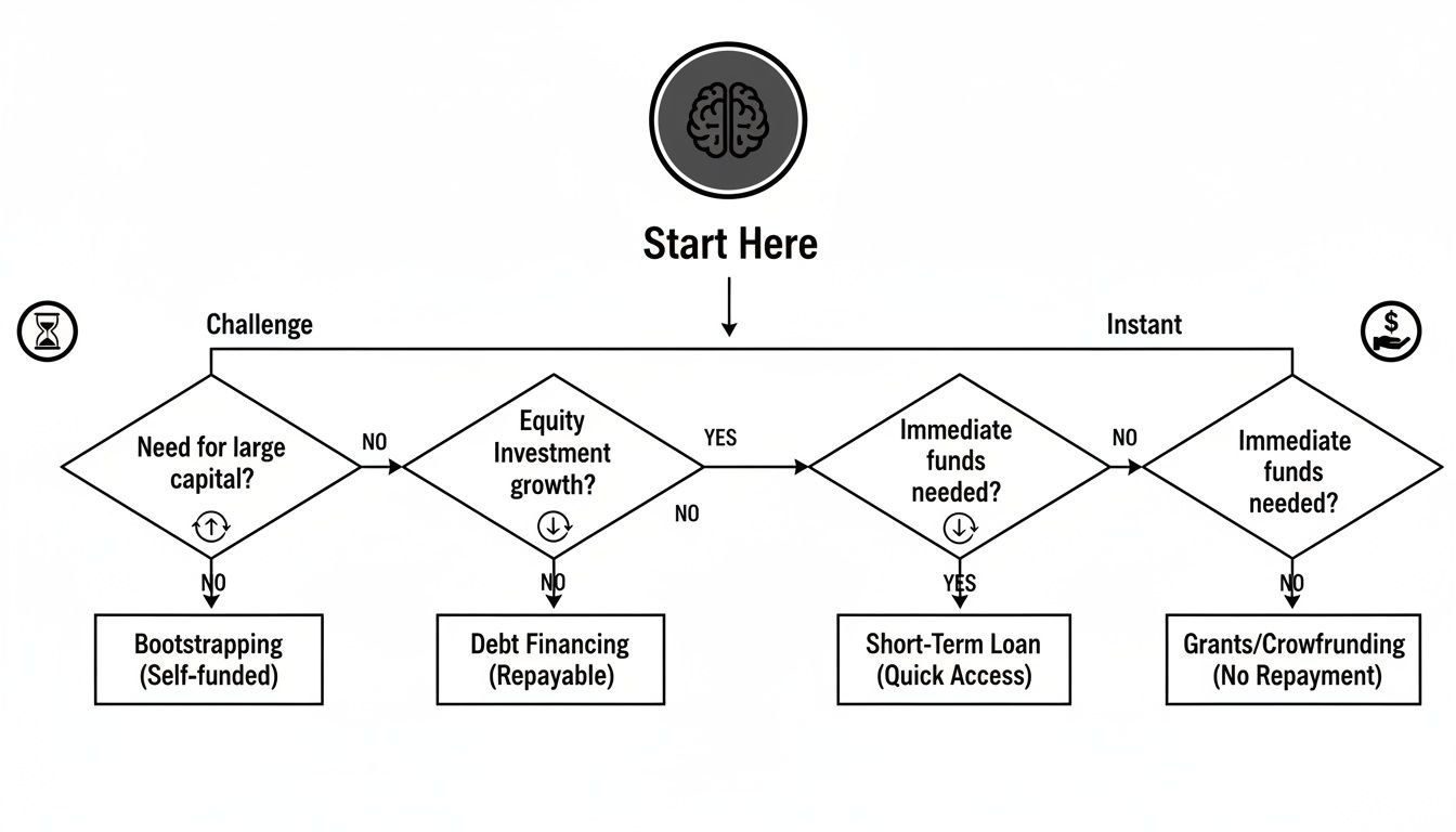 A flowchart guiding through business funding options based on capital needs, equity growth, and immediacy of funds.