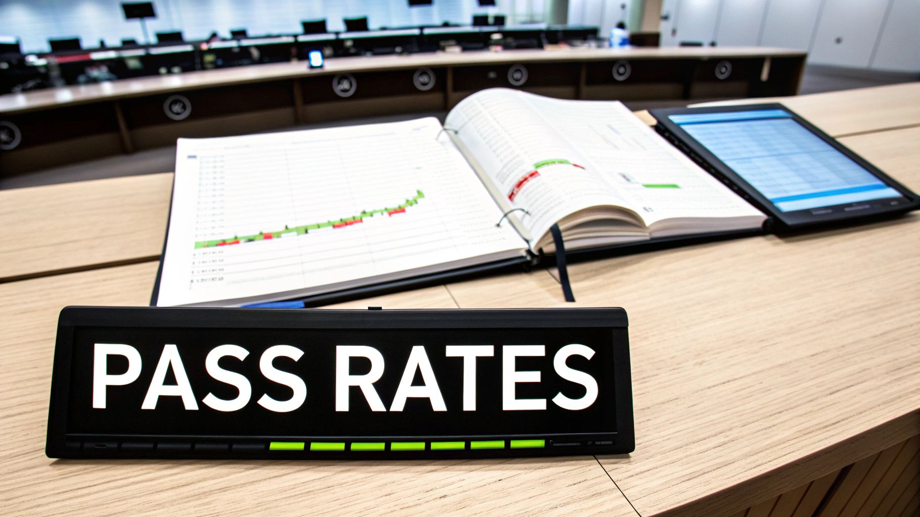 A conference table displaying 'PASS RATES' on a digital sign, an open book with graphs, and a tablet showing data.