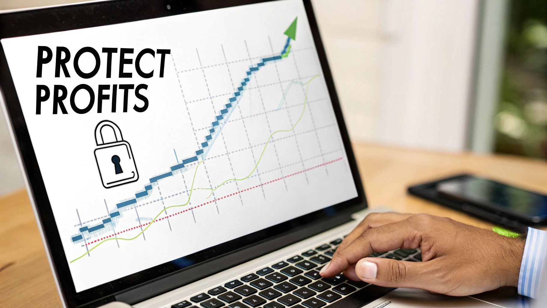 A hand types on a laptop showing a rising profit chart with 'PROTECT PROFITS' and a padlock icon.