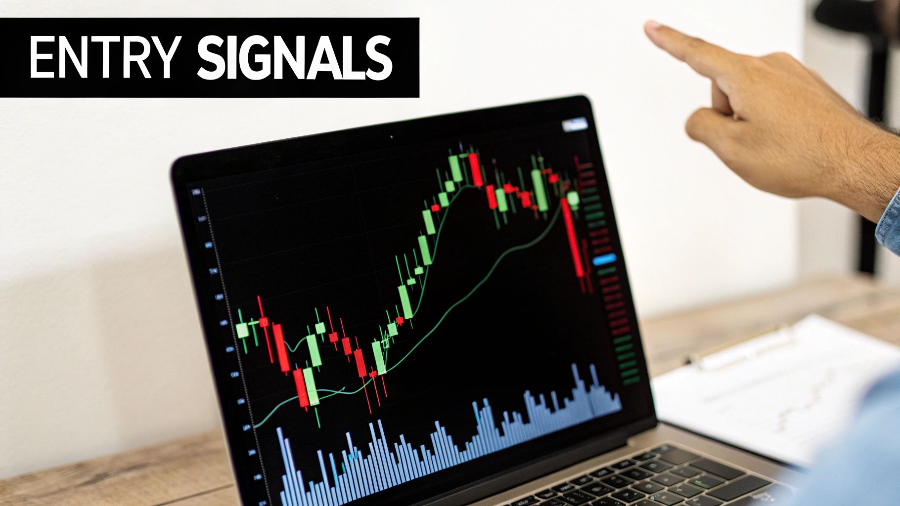 A hand points at a laptop screen displaying a stock market chart with 'ENTRY SIGNALS' banner.