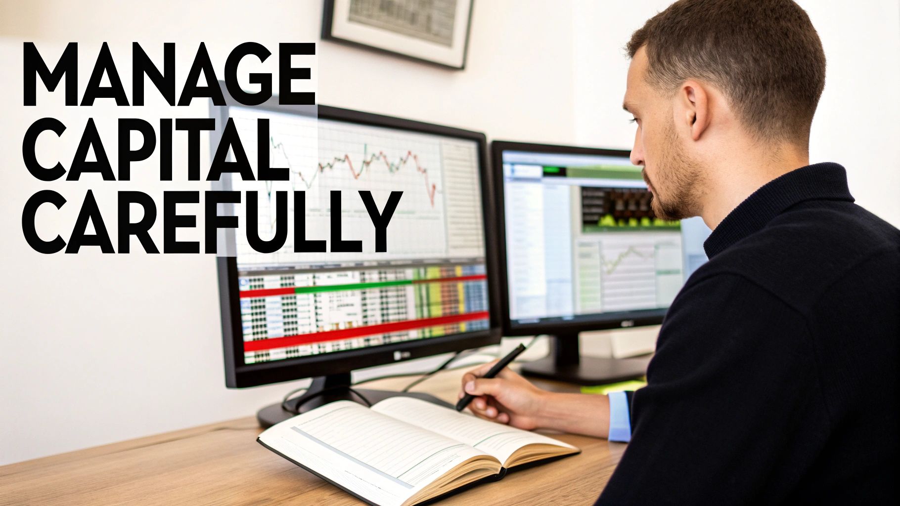 A person is carefully managing capital, watching financial charts on multiple screens and writing notes.