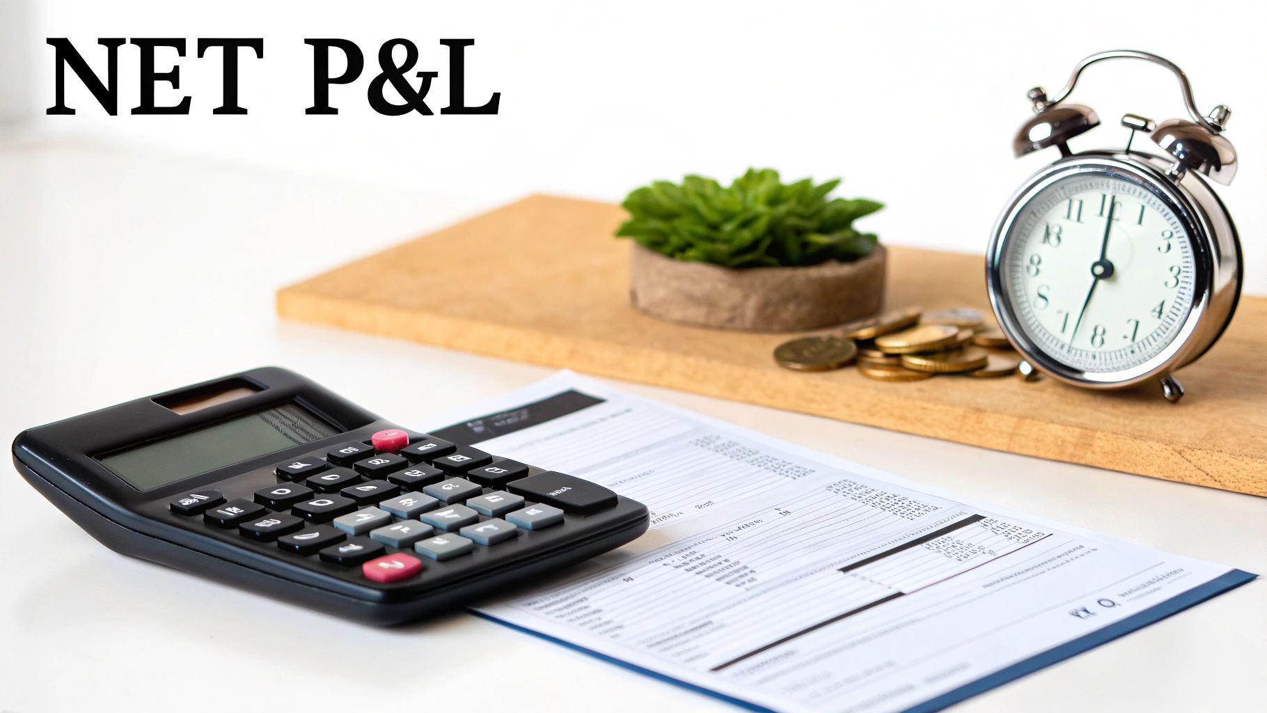 A calculator, financial document, alarm clock, and coins on a desk, with 'NET P&L' text visible.
