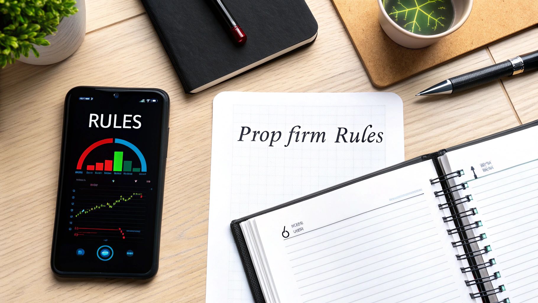 Overhead view of a desk with a smartphone displaying trading rules and a notebook titled 'Prop firm Rules'.