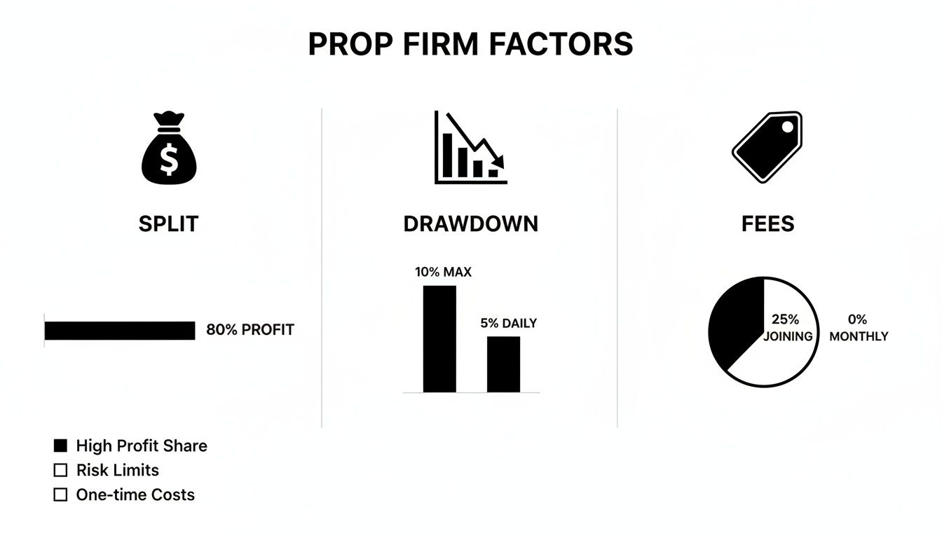 Infographic showing prop firm factors: 80% profit split, 10% max drawdown, and 25% joining fee.