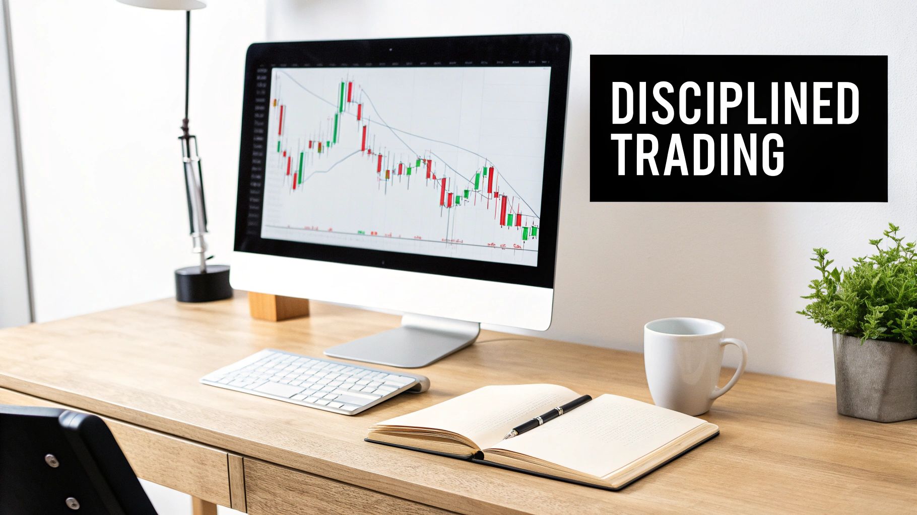 A clean desk with a computer displaying a stock chart, an open notebook, and a 'Disciplined Trading' sign.