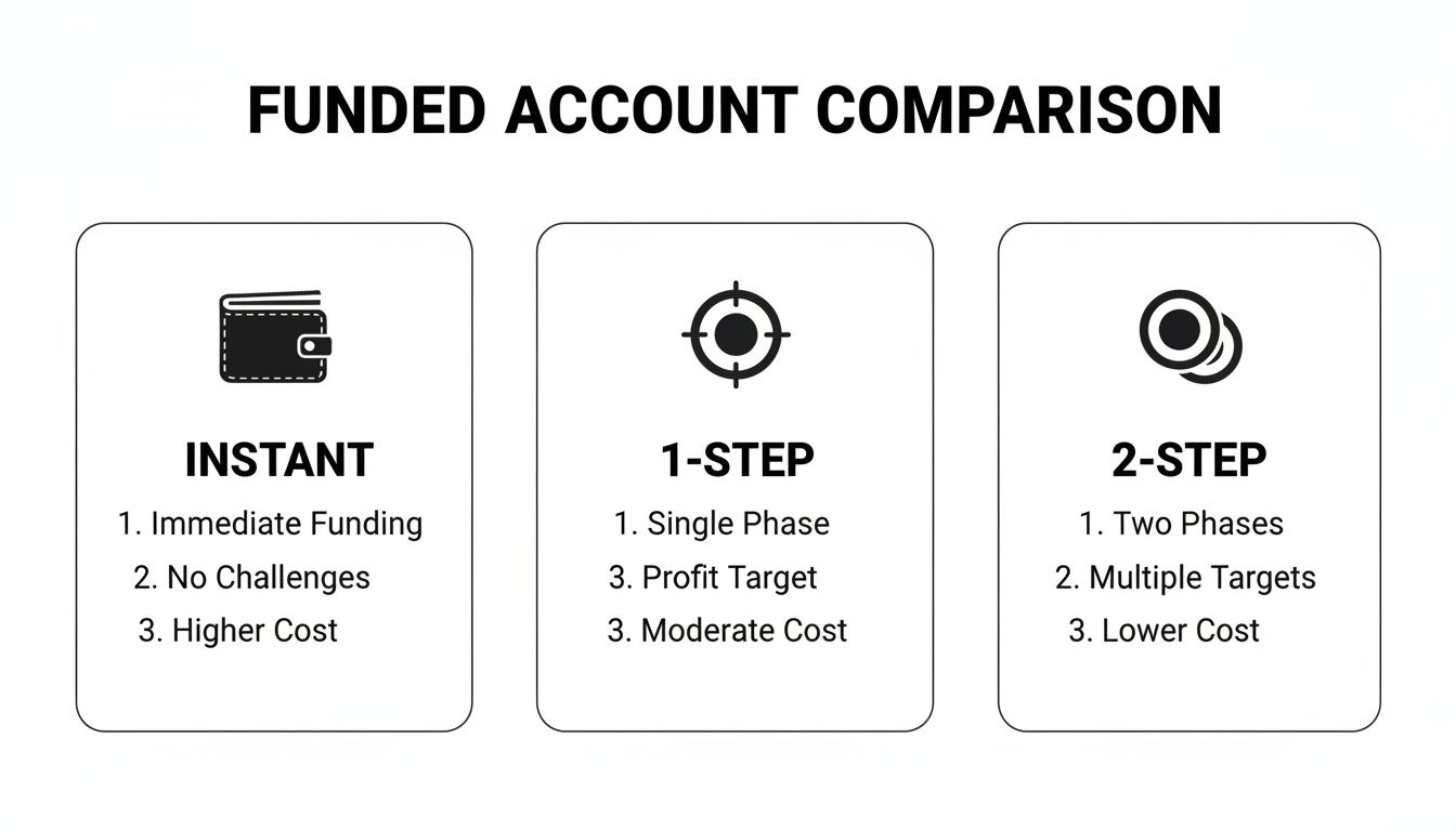 Comparison of instant, 1-step, and 2-step funded accounts with their features and costs.