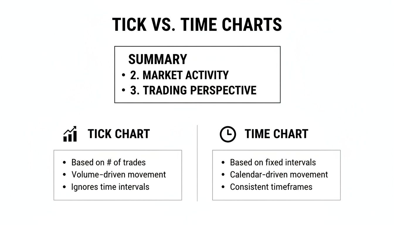 An infographic comparing Tick Charts and Time Charts, outlining their key features and trading perspectives.