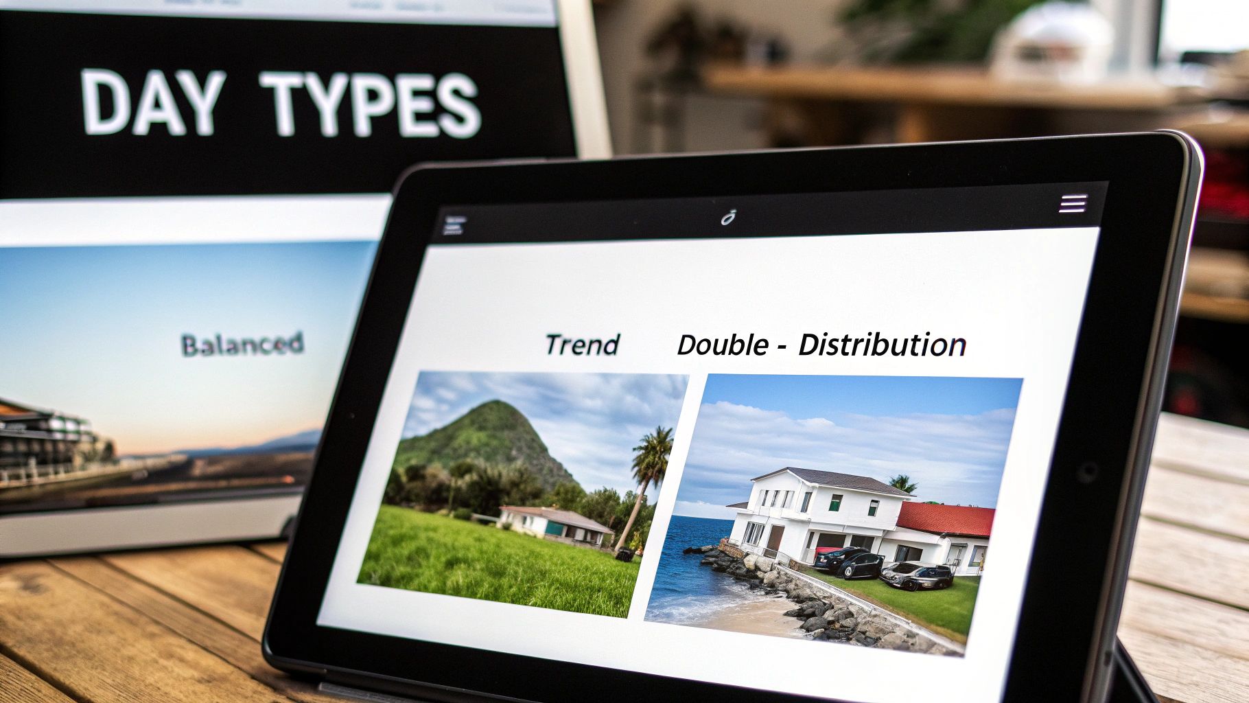 Two screens display market concepts: 'DAY TYPES', 'Trend', 'Double-Distribution', with different house images.