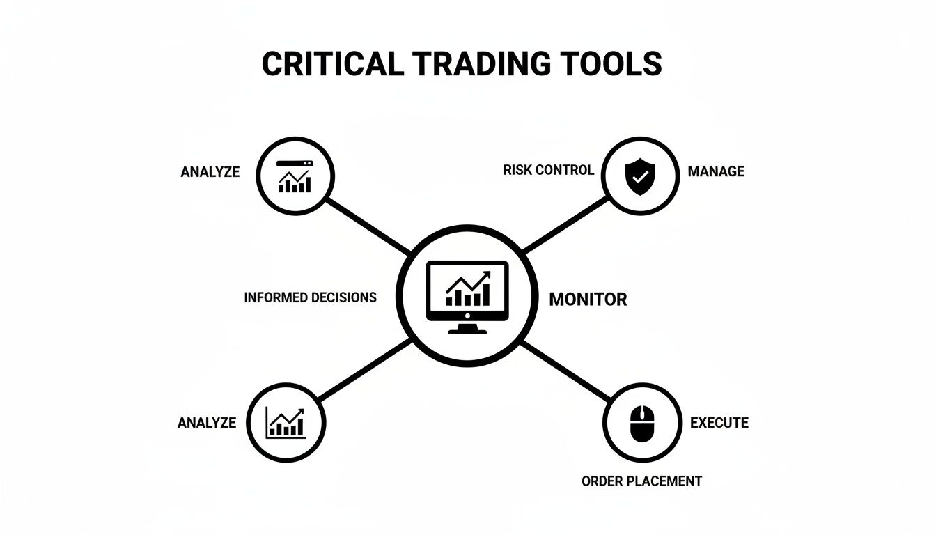 Diagram illustrating critical trading tools, with 'Monitor' at the center, surrounded by Analyze, Risk Control, and Execute functions.