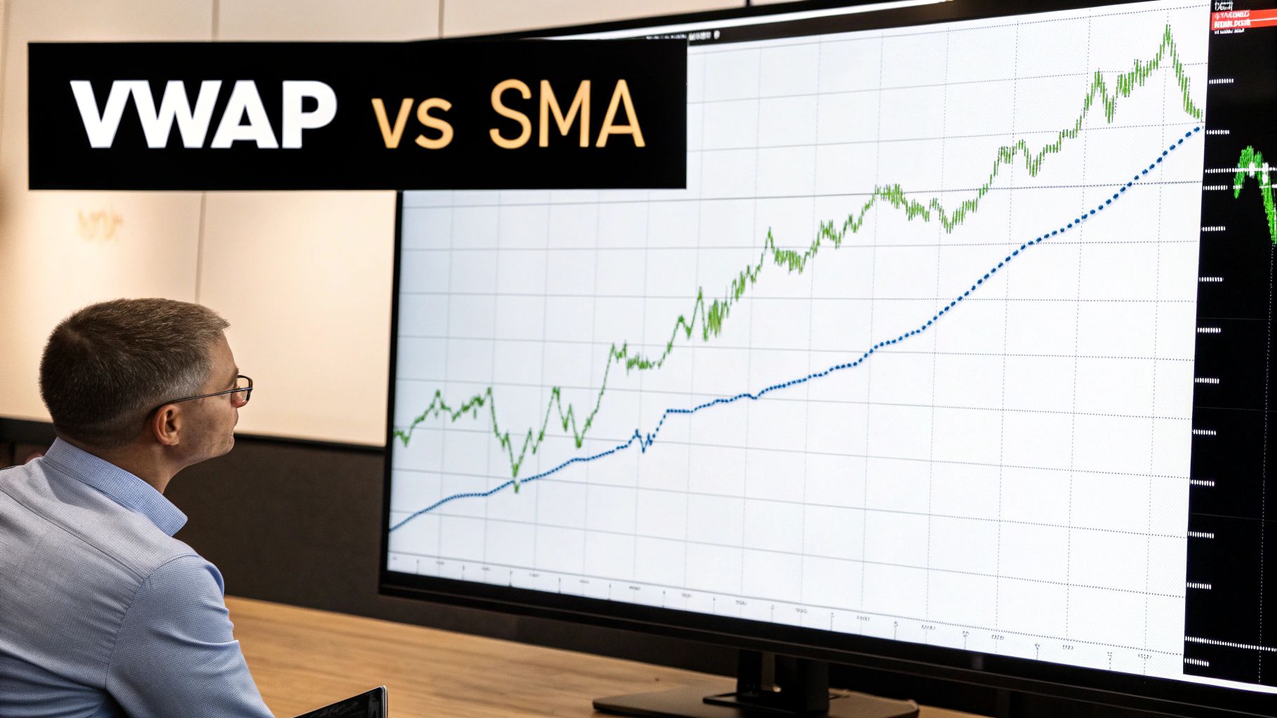 A man in glasses looks at a large screen displaying a financial chart comparing VWAP vs SMA.