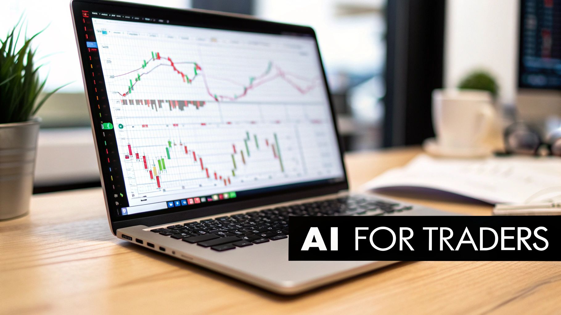 A laptop on a wooden desk displays financial trading charts with an 'AI FOR TRADERS' overlay.