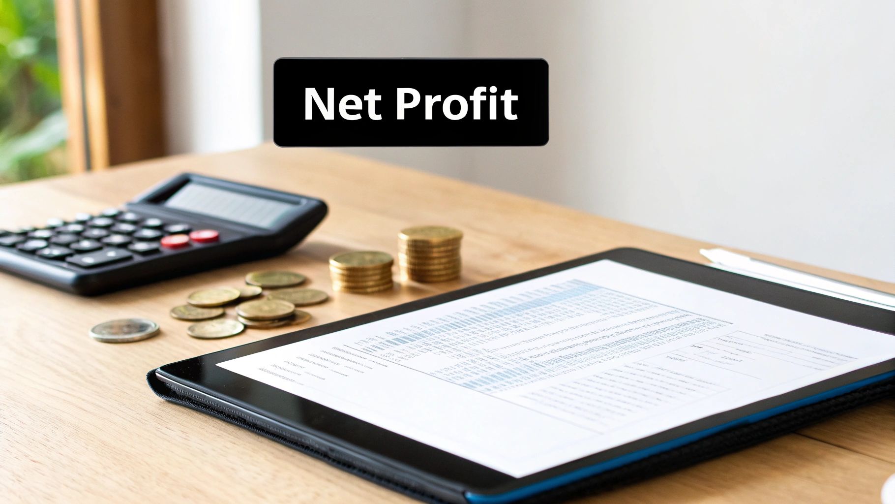 A calculator, scattered coins, a tablet displaying financial data, and a black box with "Net Profit" text.