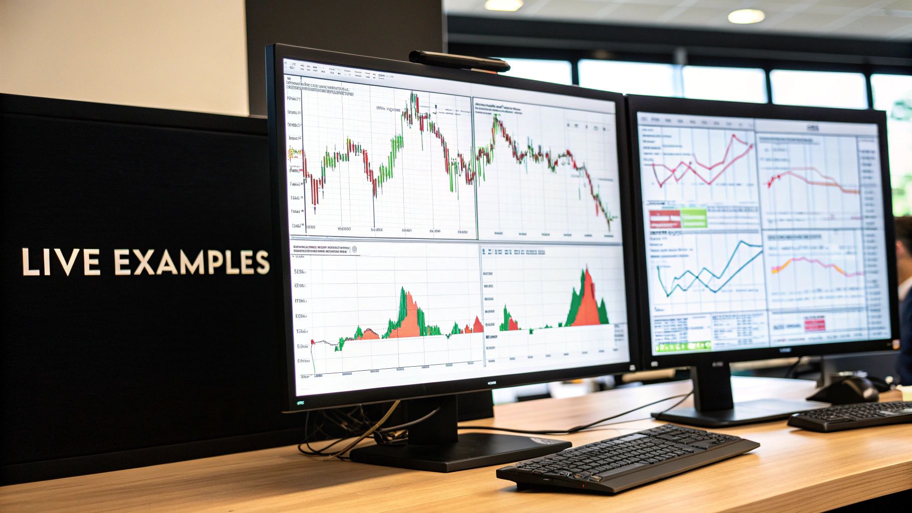 Two computer monitors display complex financial trading charts and data on a modern wooden desk.