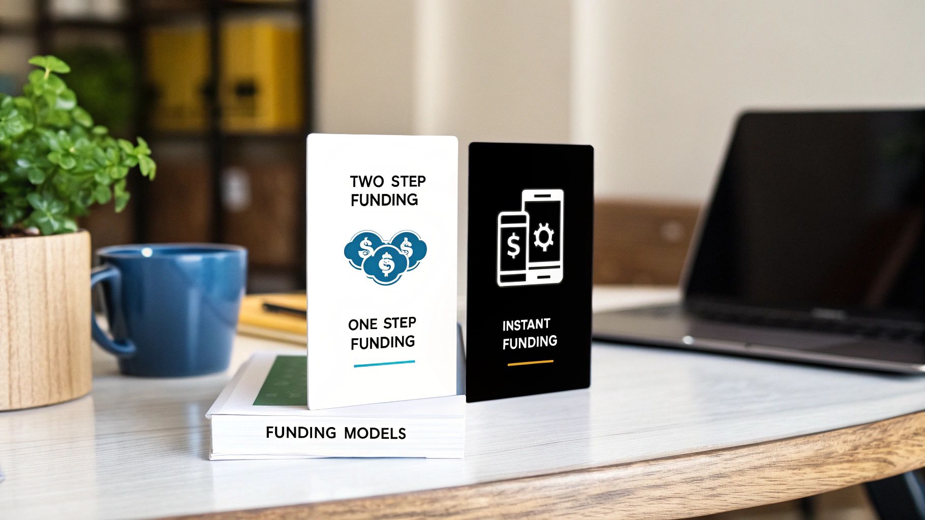 Two cards illustrate instant, one-step, and two-step funding models for financial services on a desk.