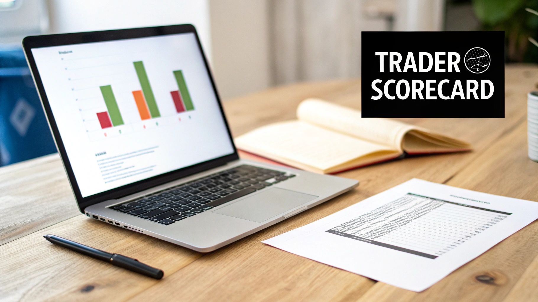 Laptop with bar chart, pen, notebook, document on desk, showing 'TRADER SCORECARD' branding.
