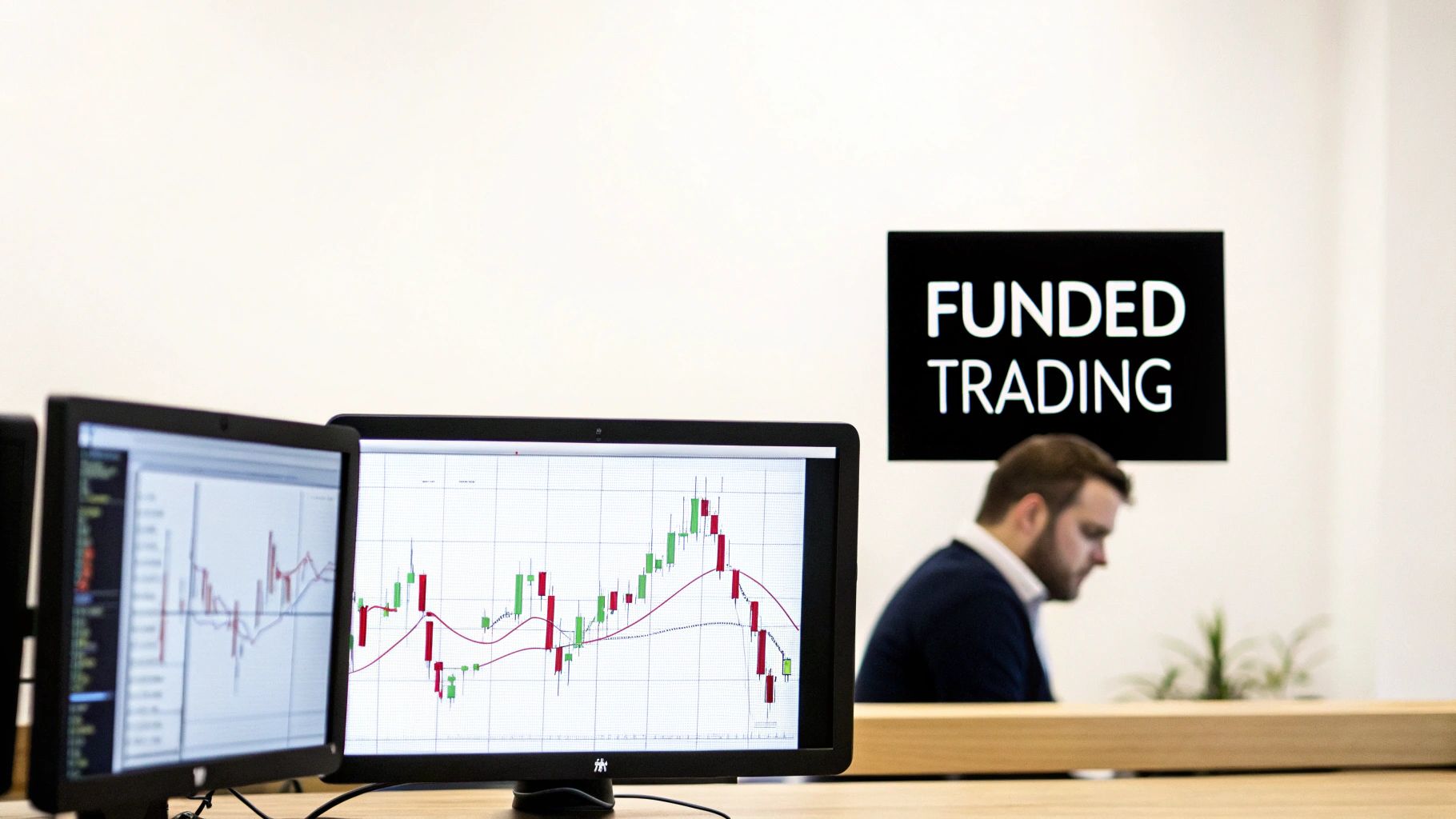 Multiple monitors displaying financial trading charts with a 'FUNDED TRADING' sign and a trader working.