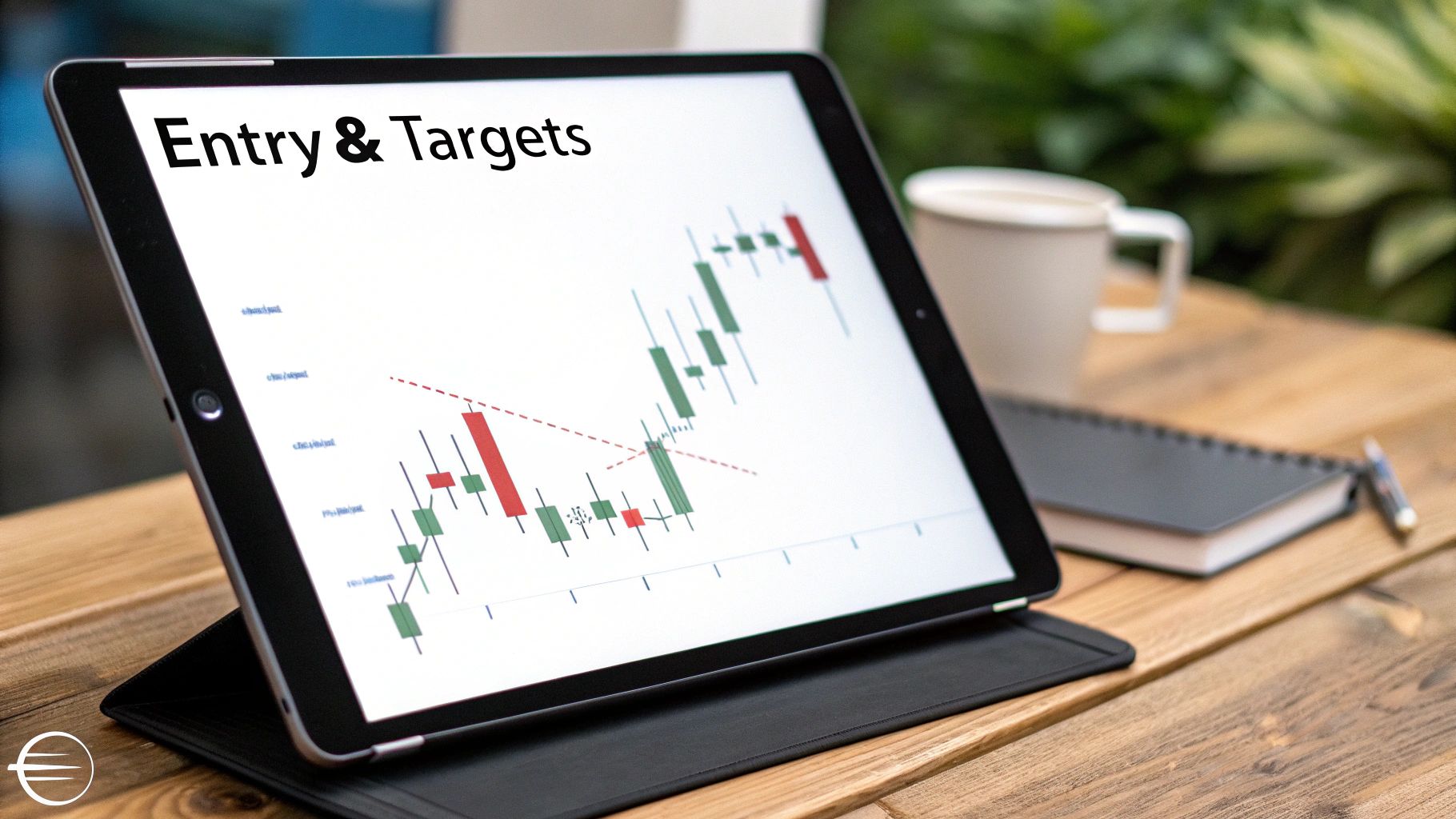A tablet displays a financial candlestick chart with 'Entry & Targets' on a wooden desk.