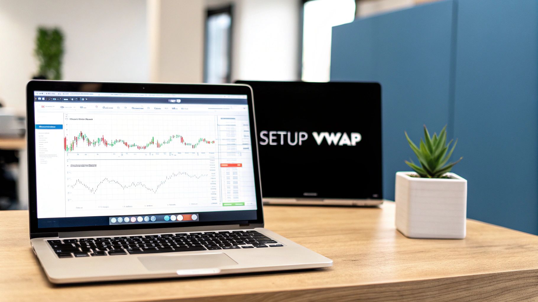 A laptop on a wooden desk displaying stock charts and another screen with 'SETUP VWAP'.