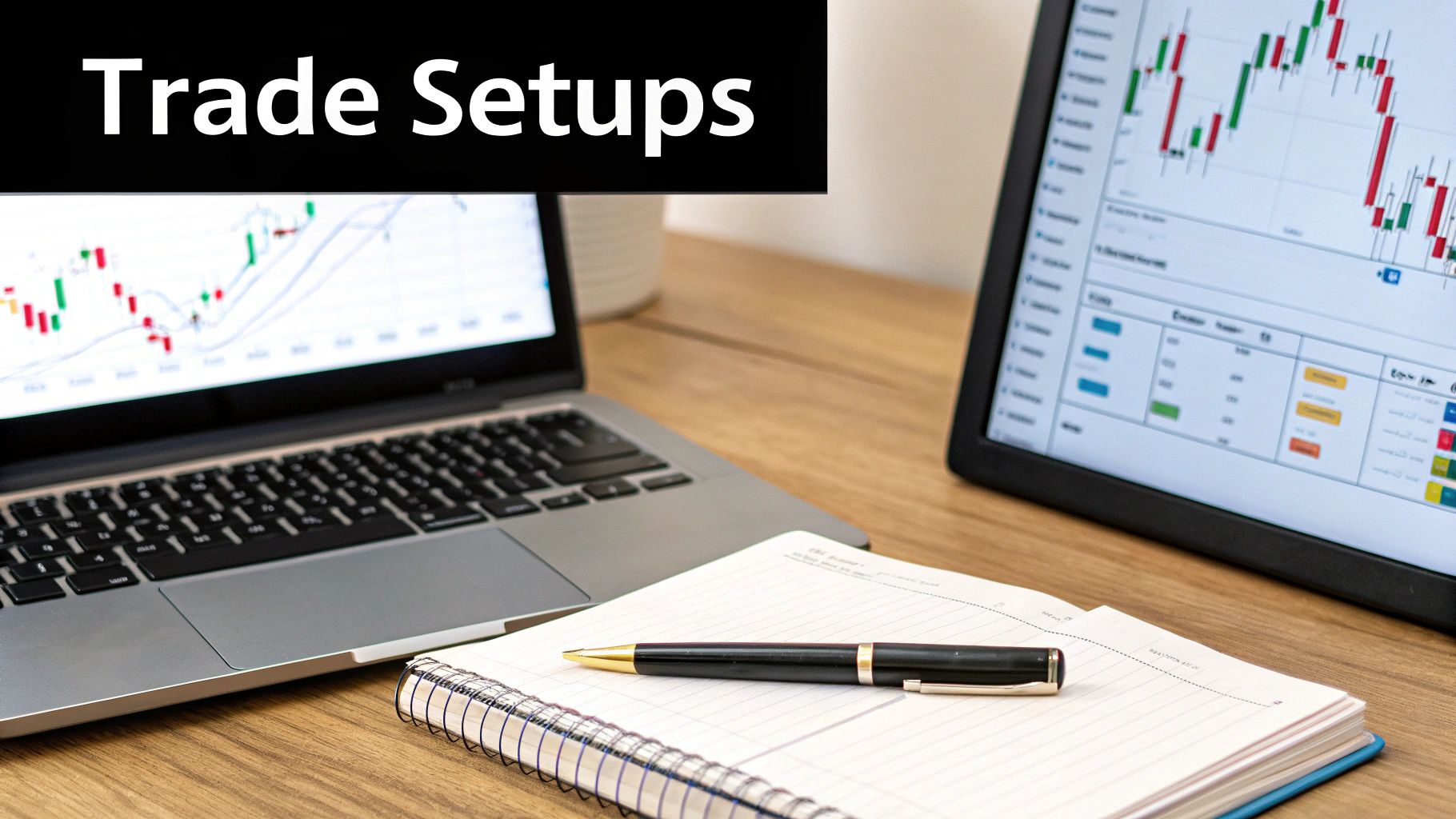 A desk with a laptop and tablet showing financial charts, a notebook, and a pen for trade setups.