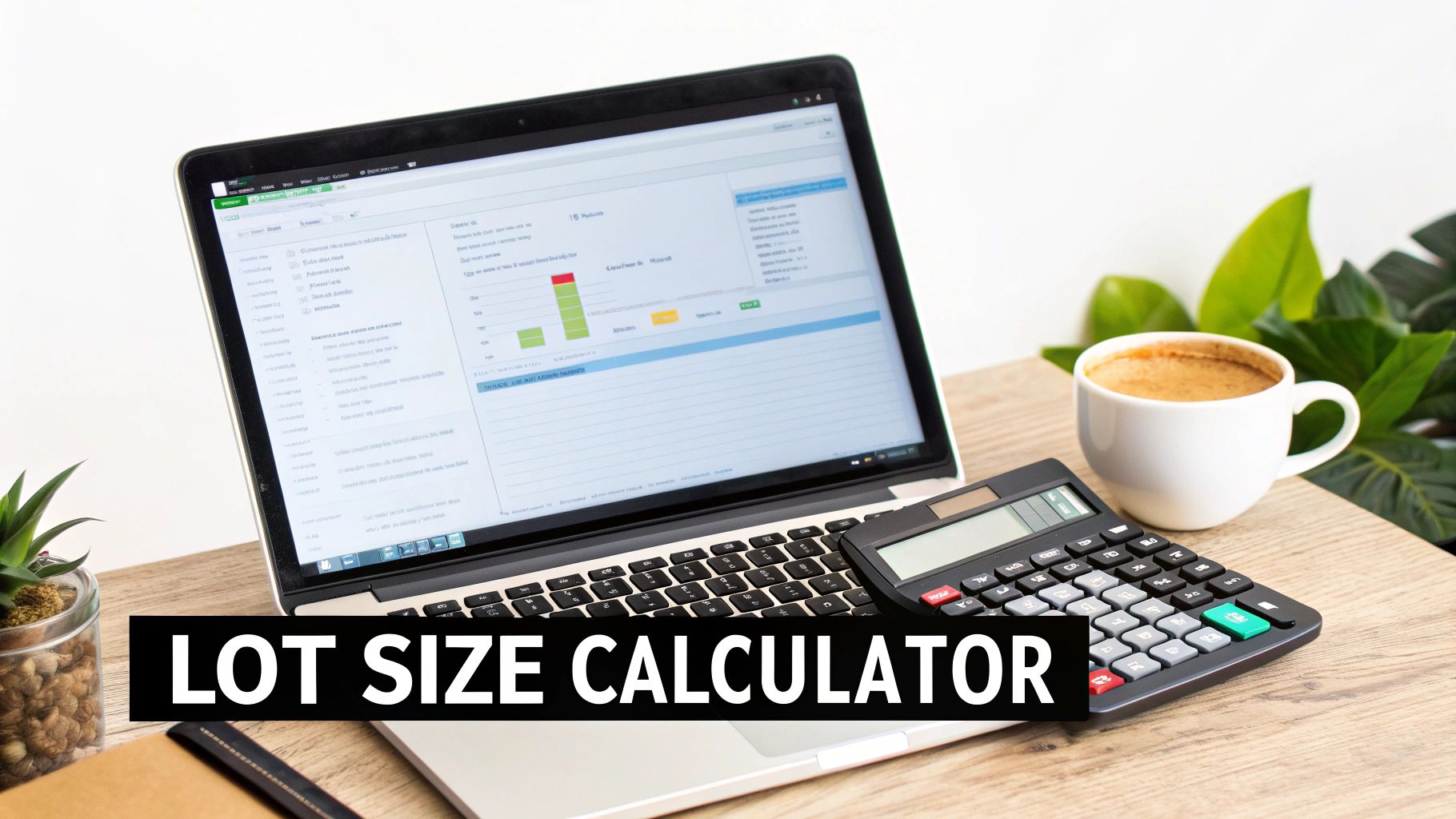 A laptop displaying a financial interface, a calculator, and coffee on a desk with 'LOT SIZE CALCULATOR' overlay.