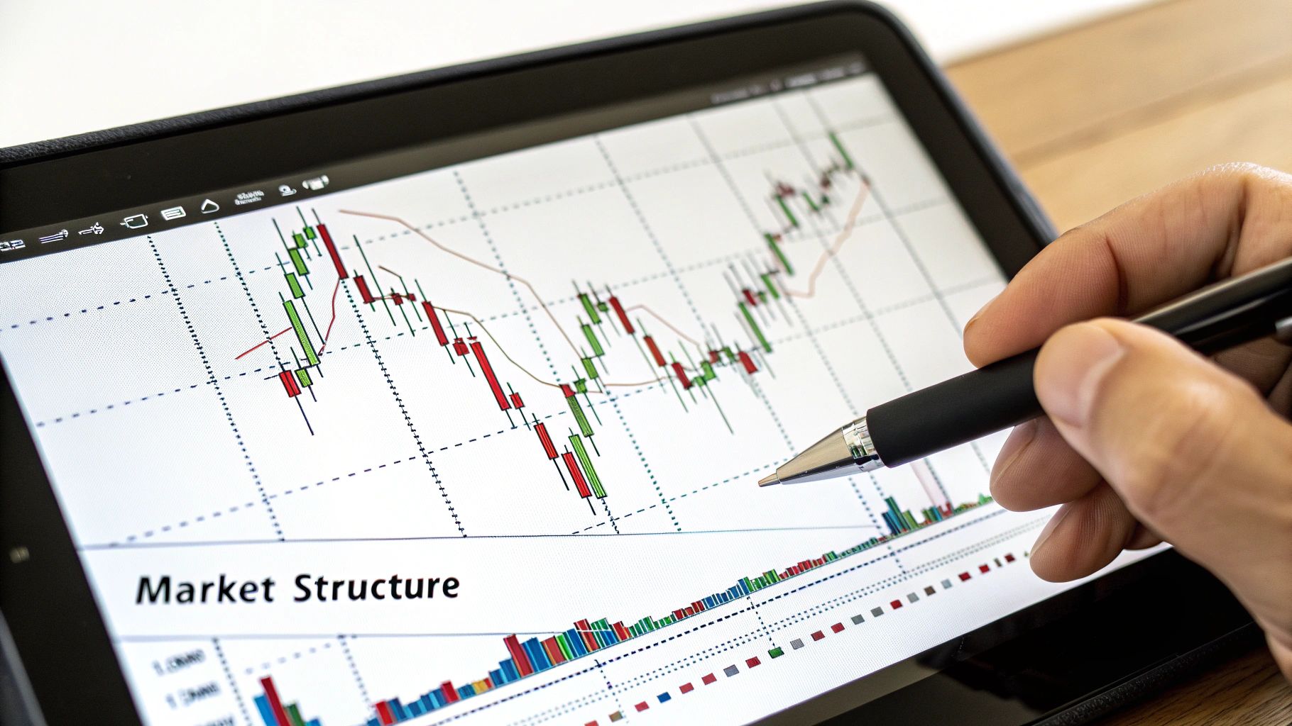 A hand holds a pen, pointing at a tablet displaying a financial chart with candlesticks and 'Market Structure' text.