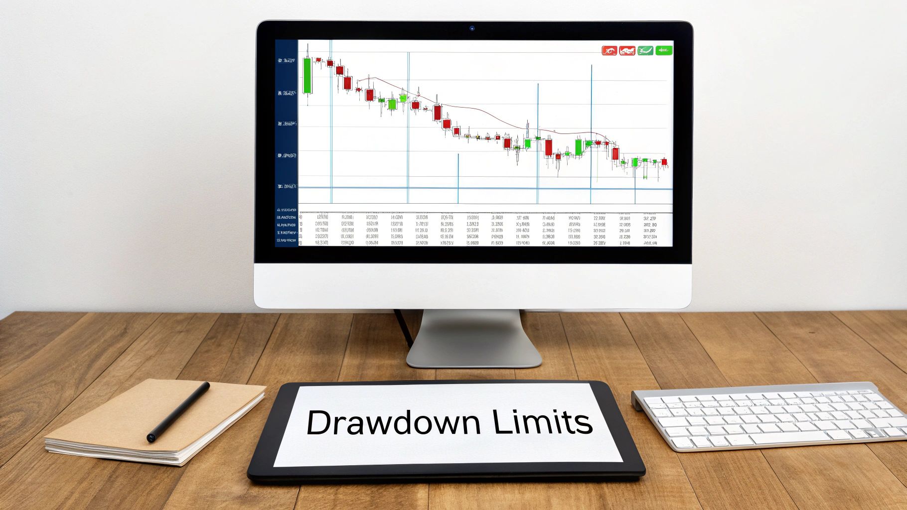 A computer monitor displays a stock trading chart, with a tablet showing 'Drawdown Limits', a notebook, and keyboard on a wooden desk.