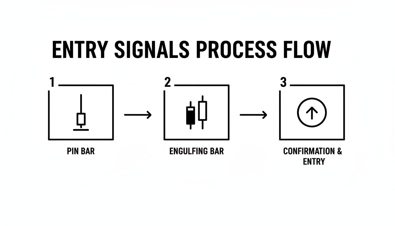 A flowchart illustrates the three-step entry signals process flow in trading, featuring pin bar, engulfing bar, and confirmation for entry.