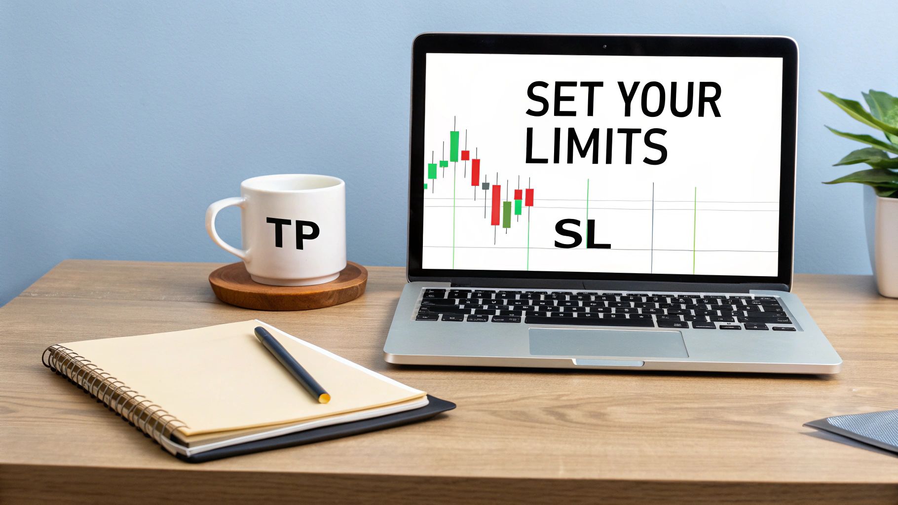 Laptop screen displays a candlestick trading chart with text 'SET YOUR LIMITS', 'TP', and 'SL'.