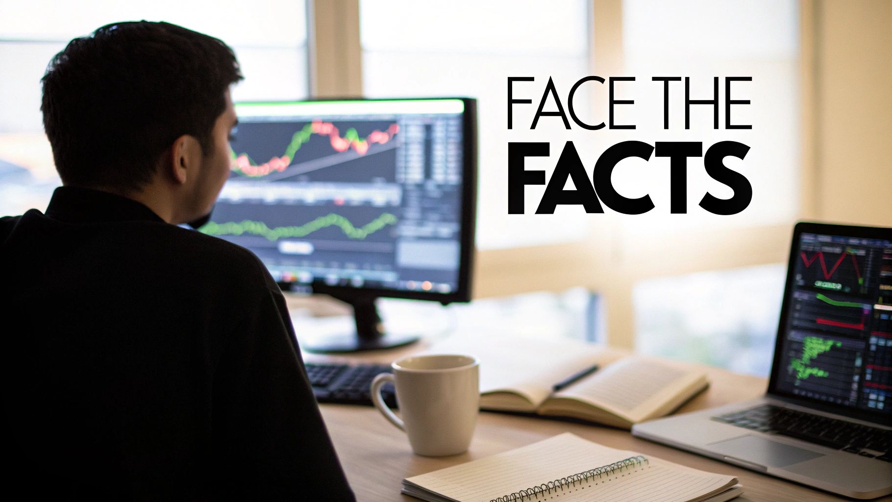 A person views financial charts on a computer monitor and laptop, with 'FACE THE FACTS' overlay. Represents trading and analysis.