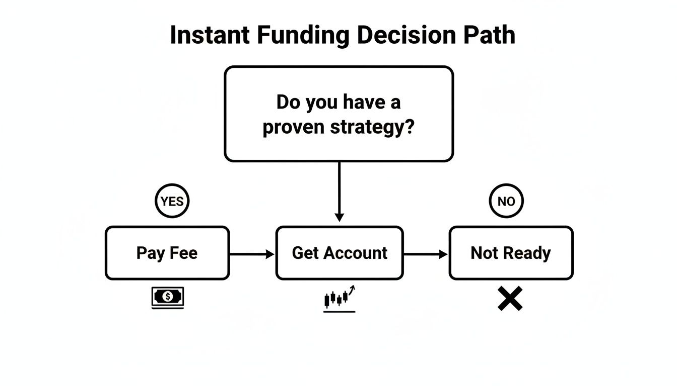 A flowchart outlining the instant funding decision path for traders based on having a proven strategy.