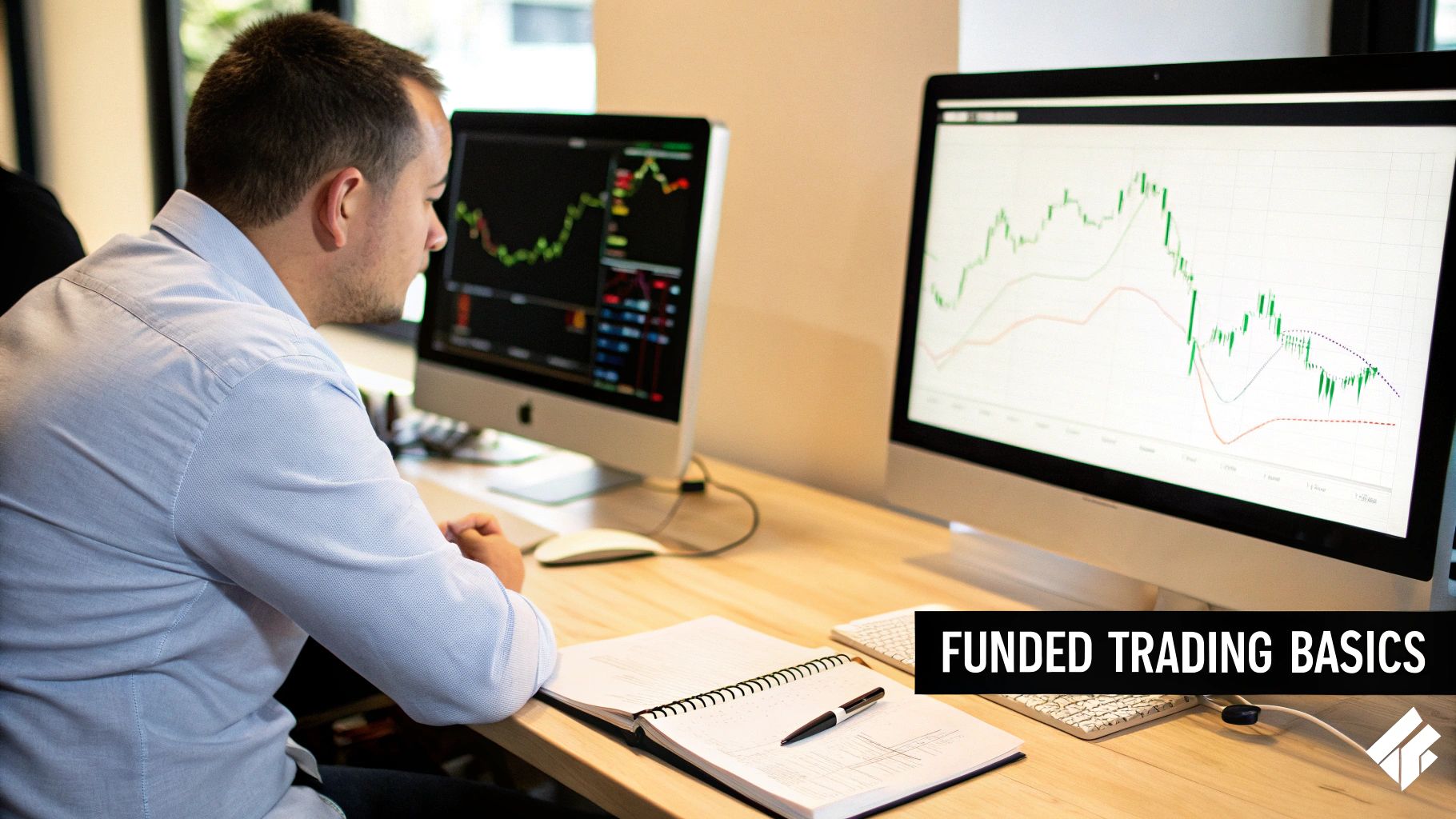 A man intently views financial charts on dual monitors while taking notes at a trading desk.