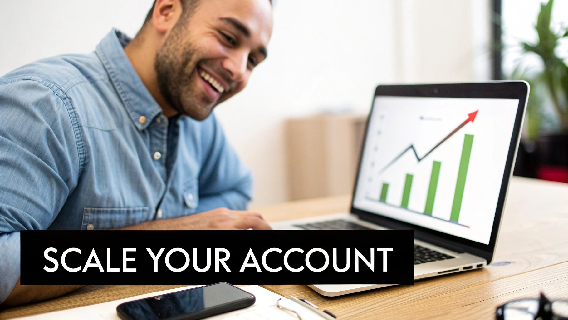 Smiling man looking at a laptop with a rising graph and bars, symbolizing account growth.