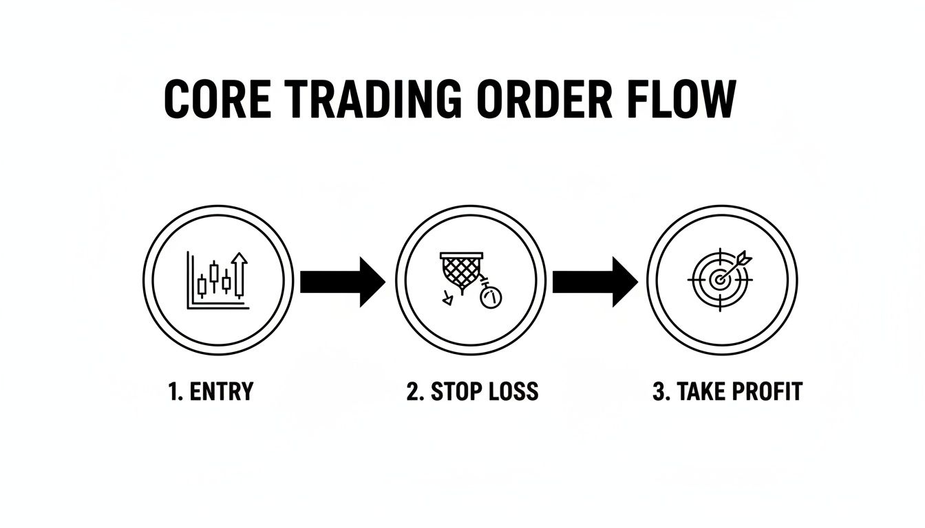 A core trading order flow diagram illustrating entry, stop loss, and take profit steps with icons.