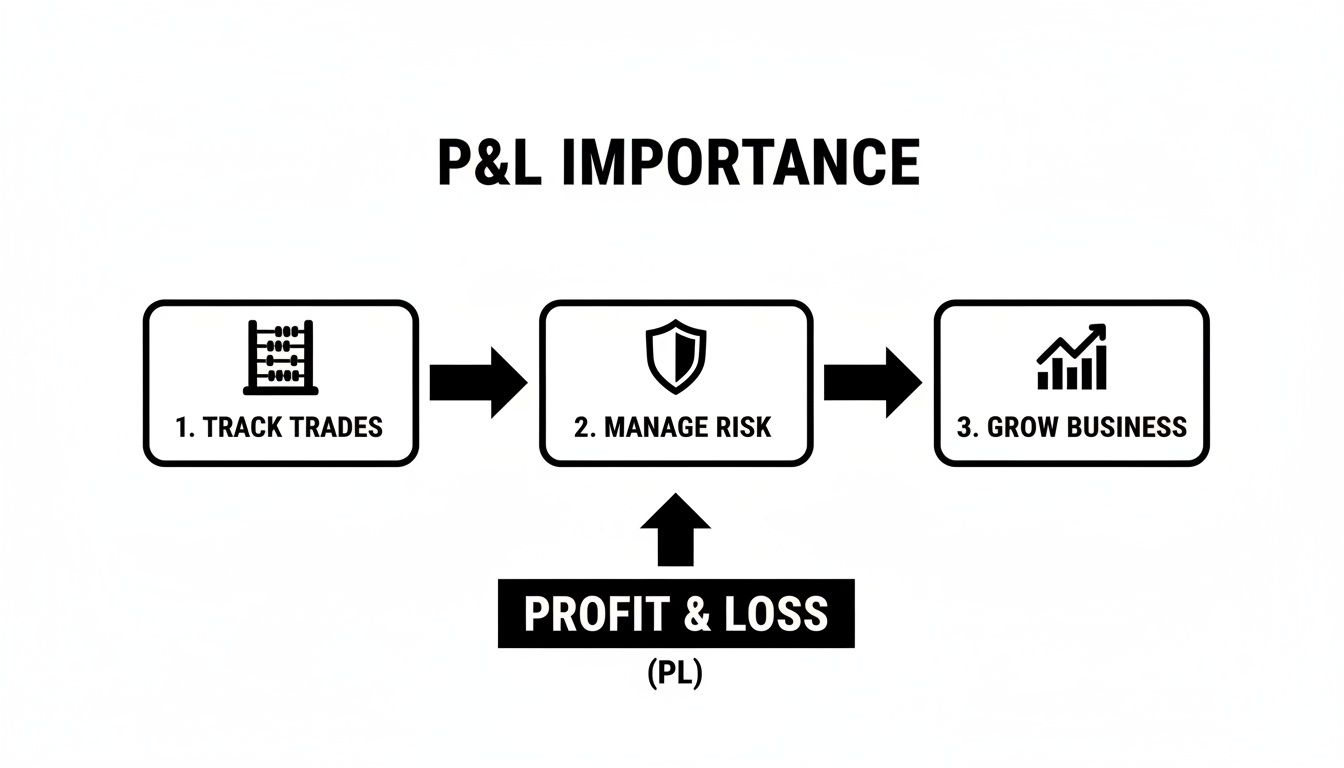 Flowchart illustrating the importance of Profit & Loss (P&L) for tracking trades, managing risk, and growing business.