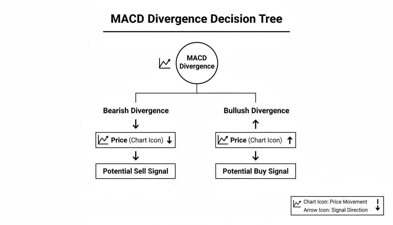 A MACD Divergence Decision Tree showing paths for bearish and bullish divergences to trading signals.