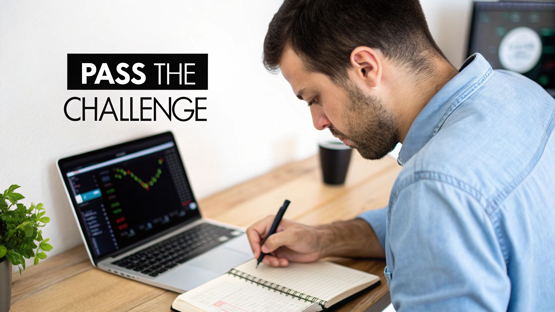 A focused man writing notes in a notebook at a desk with a laptop displaying financial charts.