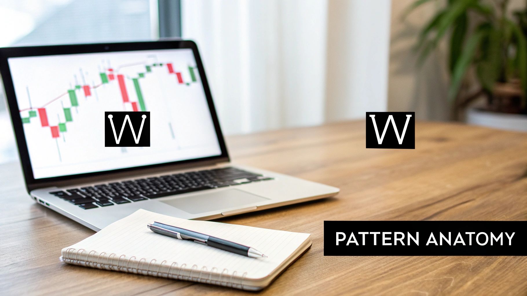A laptop displays a trading candlestick chart with a 'W' pattern, next to a notebook and pen, illustrating 'PATTERN ANATOMY'.