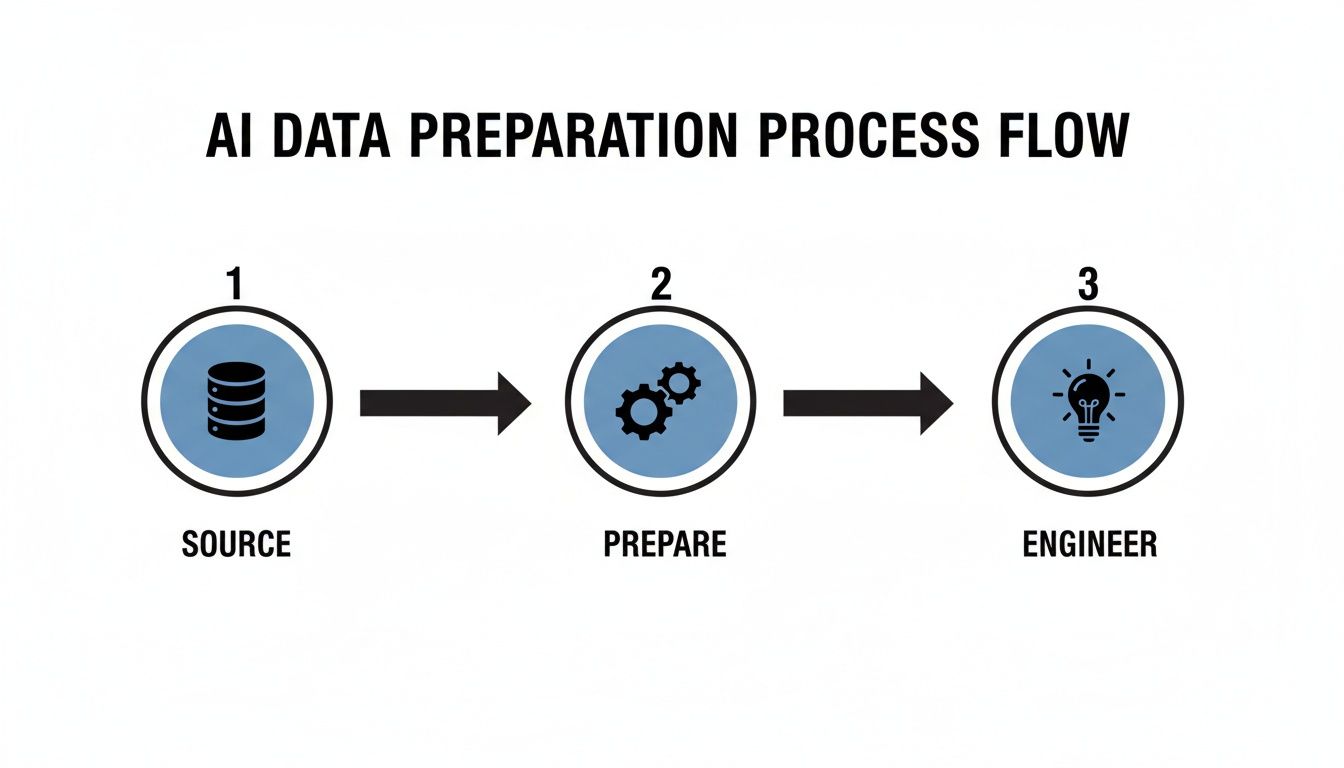 Flow chart illustrating the three-step AI data preparation process: Source, Prepare, and Engineer.