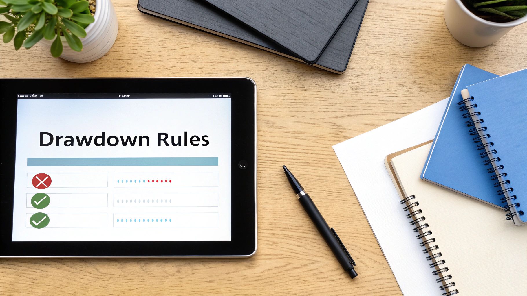 A flat lay shot of a wooden desk with a tablet displaying 'Drawdown Rules,' alongside notebooks, a pen, and plants.
