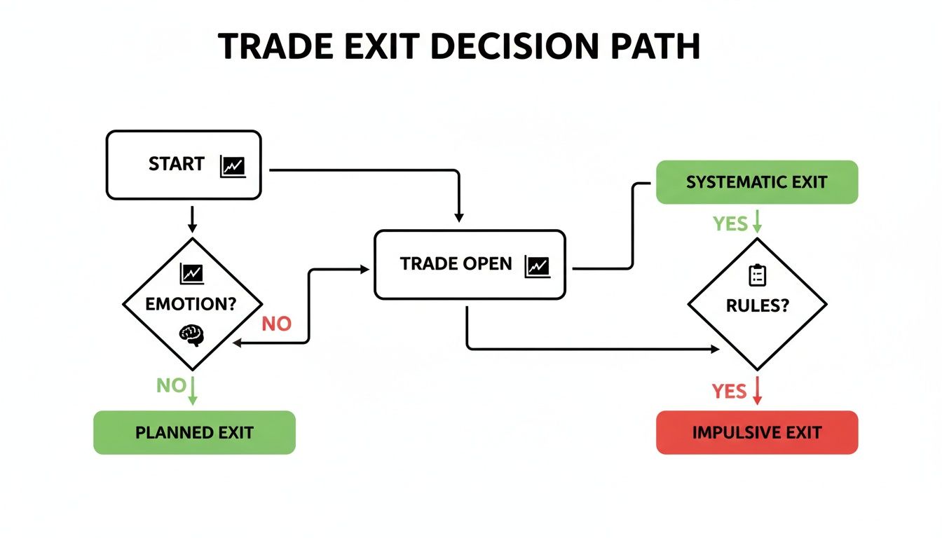 Flowchart detailing trade exit decisions, distinguishing planned, systematic, and impulsive exits based on rules and emotions.