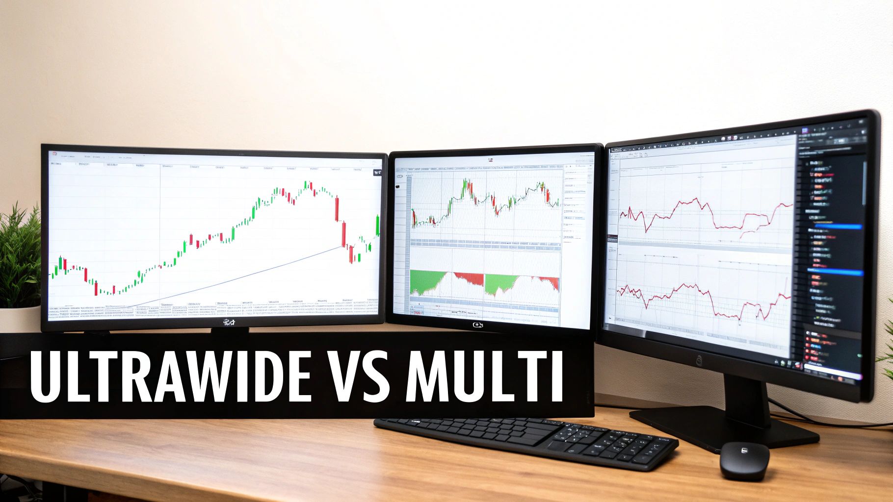 Three computer monitors display detailed stock market charts on a desk with a keyboard and mouse.