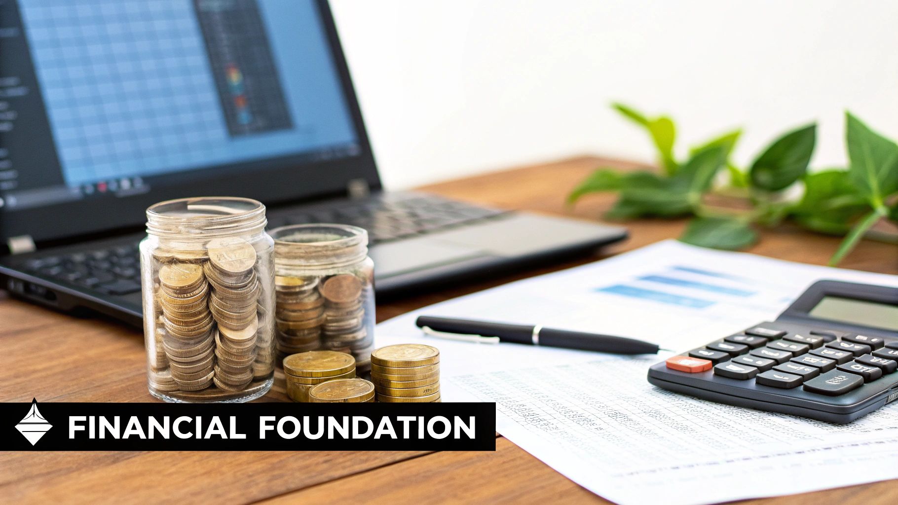 A desk setup with a laptop, coin jars, a calculator, pen, and financial charts.