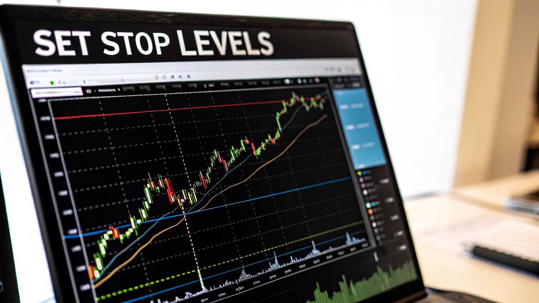 A laptop screen displays a financial trading chart with candlesticks and the text 'SET STOP LEVELS'.
