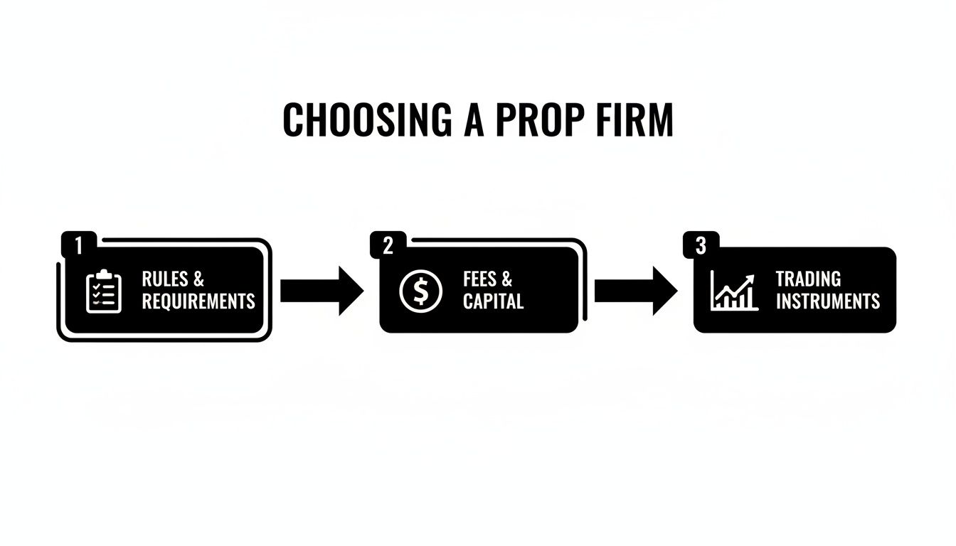 A three-step flowchart shows how to choose a prop firm, covering rules, fees, and trading instruments.