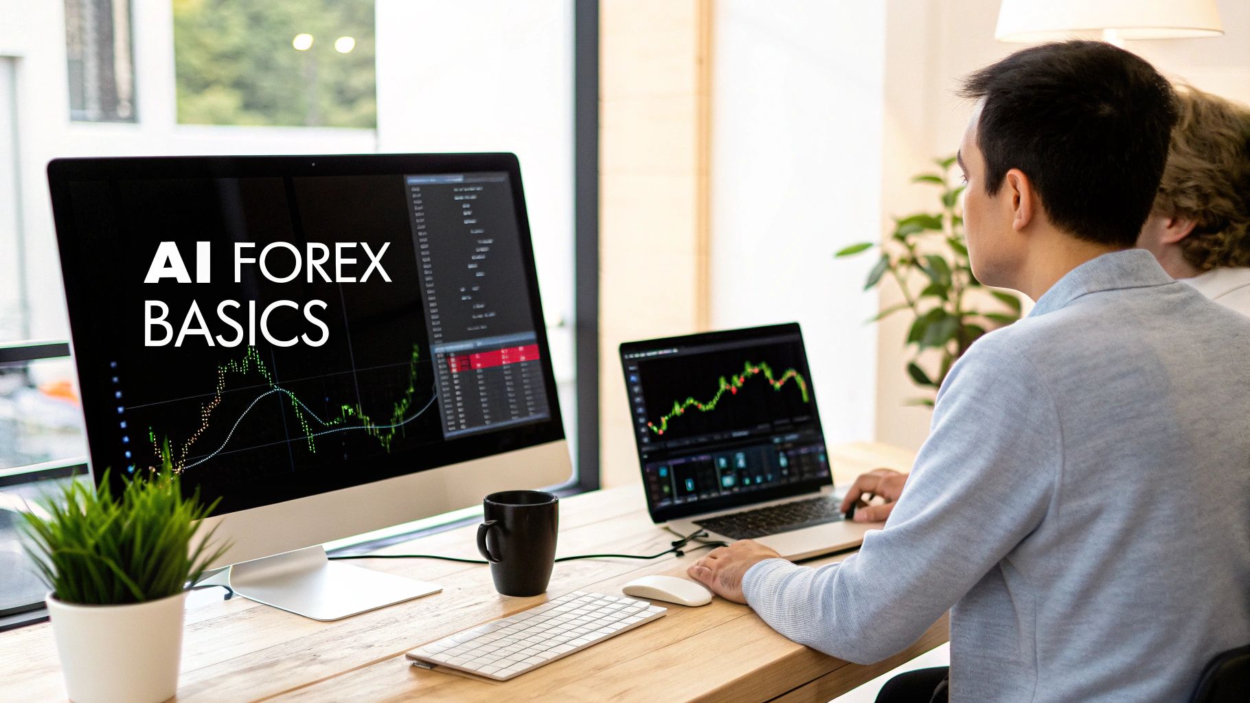 A man views AI forex trading basics and financial charts on multiple computer screens.