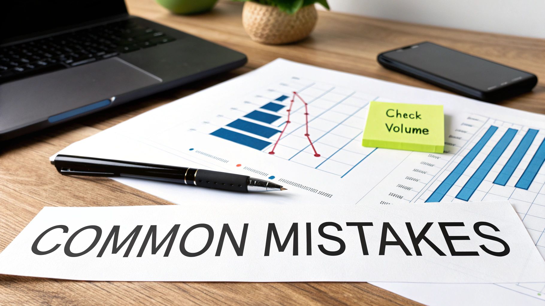 A desk with a laptop, smartphone, pen, charts, and a sticky note saying 'Check Volume' next to 'COMMON MISTAKES'.