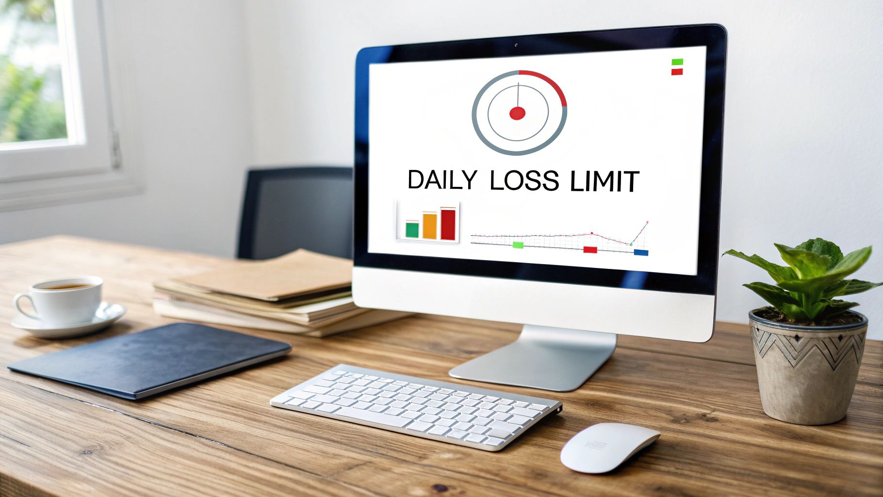 A computer on a wooden desk displays 'DAILY LOSS LIMIT' with financial graphs and charts.
