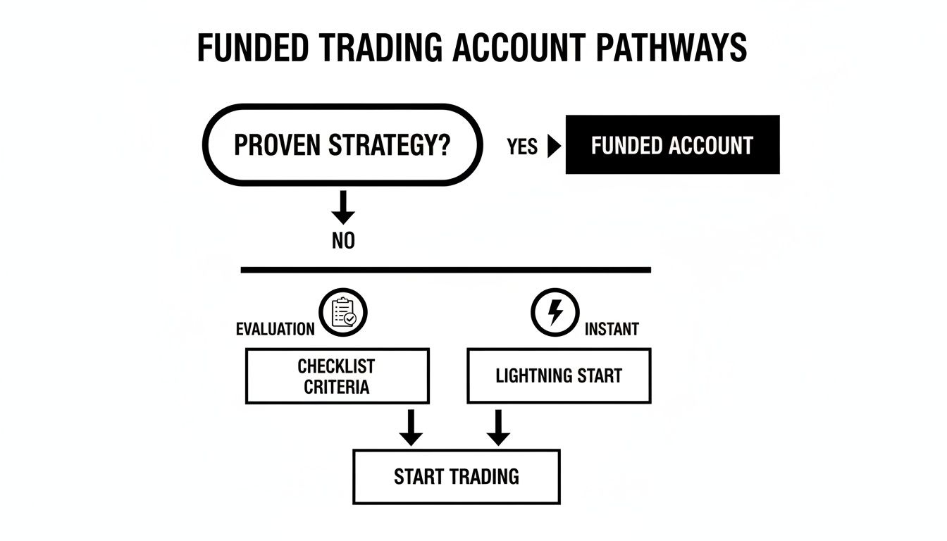 A flowchart illustrates different pathways to obtain a funded trading account, based on whether a strategy is proven.