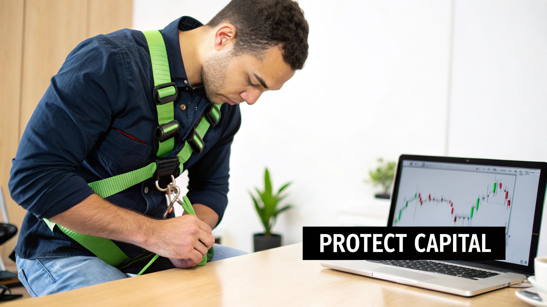 Man in a safety harness at a desk, looking at a laptop with a financial chart and 'PROTECT CAPITAL' text.