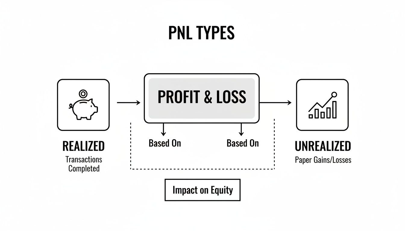 Diagram explaining PNL types, showing Realized and Unrealized Profit & Loss and their impact on equity.